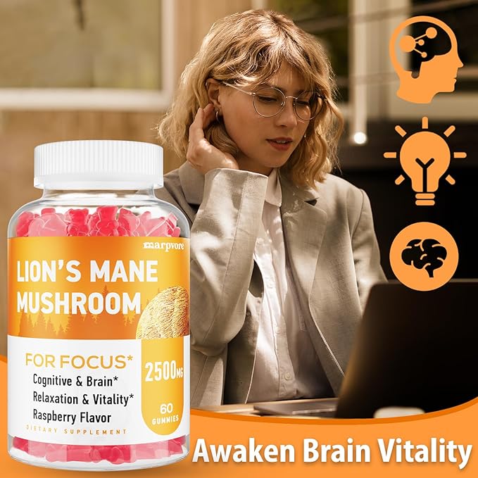 Lions Mane Gummies, Lions Mane Extract to 2500mg, Mushroom Gummies for Adults, Immune & Relaxation, with Lions Mane, Ashwagandha & B12, 240 Gummies