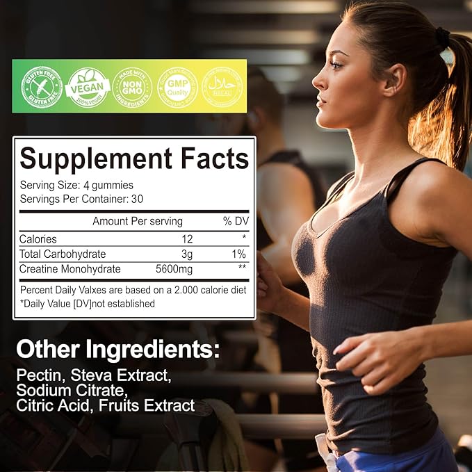 Creatine Monohydrate Gummies 5600mg for Men & Women, 120 CT Chewable Creatine Gummies for Muscle Support, Energy Boost, 5.6g of Creatine Monohydrate per Serving - Sugar Free, Vegan (Lemon Flavor)