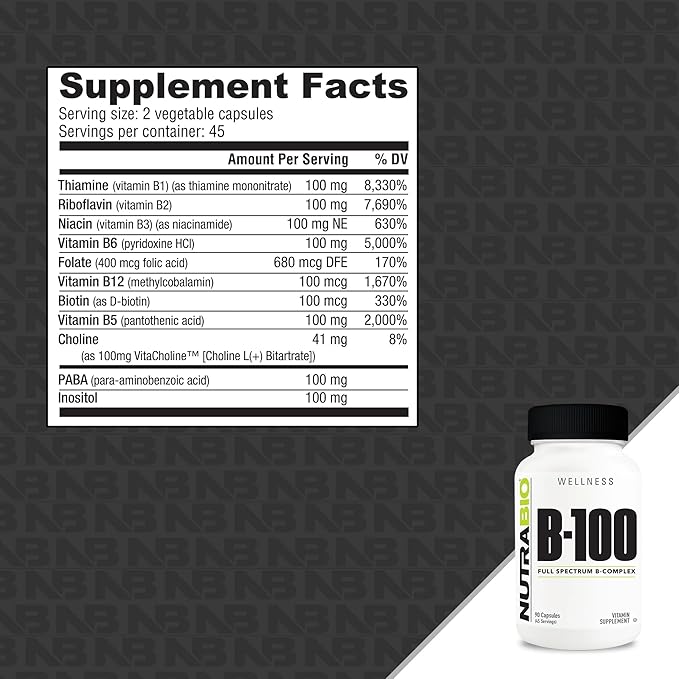 NutraBio B-100, B Vitamin Complex, Immune 90 Vegetable
