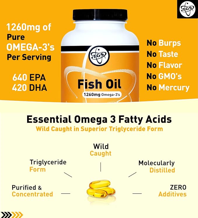 TGS Triple Strength Omega 3 Fish 1260mg EPA 3 Fatty 180 Capsules, 90 Servings