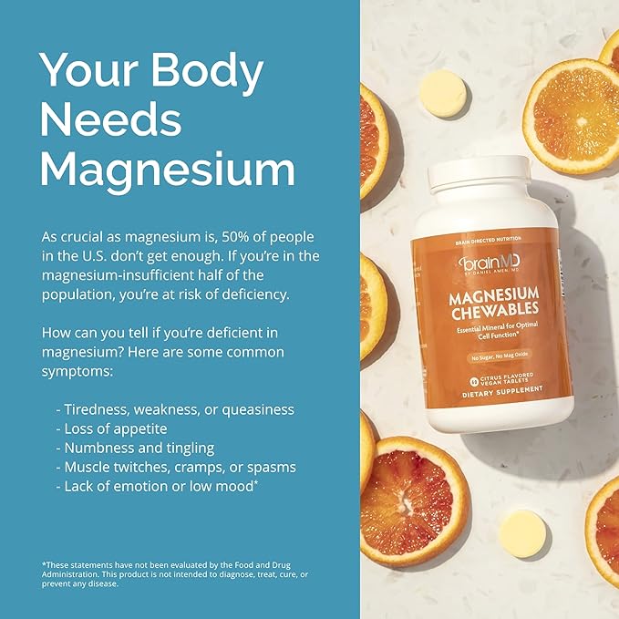 BRAINMD Dr Amen Magnesium Chewables, Citrus - 60 Chewable Tablets - Essential Mineral for Optimal Cell Function - Supports Memory & Focus - Gluten Free - 60 Servings