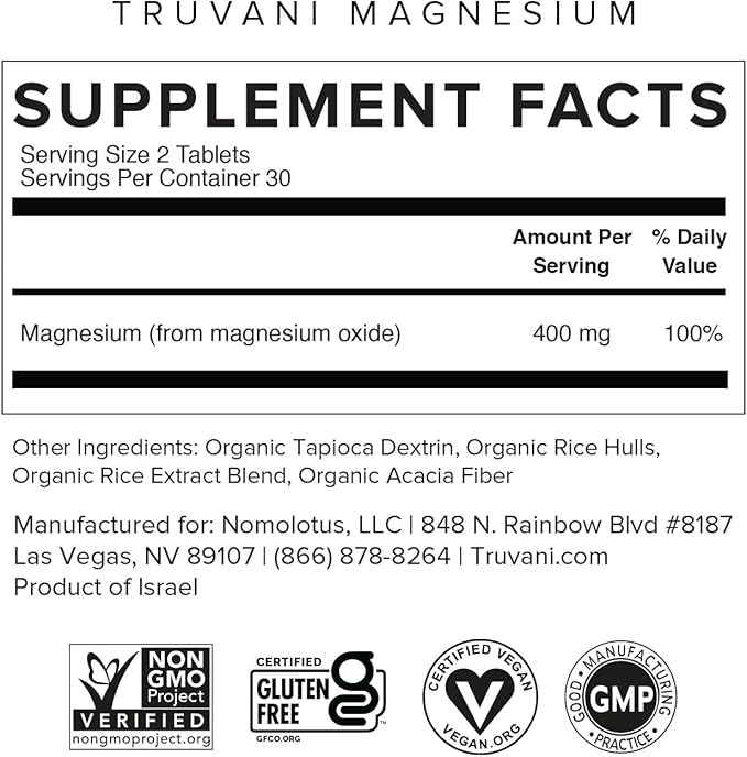 Truvani Magnesium 400mg Oxide Tablets | 60 Tablets | Supports Calm and Sleep, Healthy Bones, Muscle Health, Digestive Health | Non-GMO, Vegan Pills