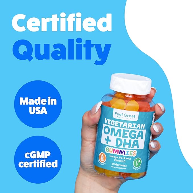 Feel Great Omega & DHA Gummies for Adults Plant Based Omega 3 Fish Oil Alternative | Vegetarian | Vitamin C, Chia, and Omega3, Supports Brain, Immune, Prenatal Functions, (60 Count)