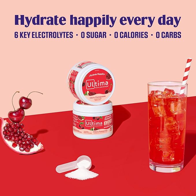 Ultima Replenisher Daily Electrolyte Powder Drink Mix – Cherry Pomegranate, 30 Servings – Hydration Powder with 6 Electrolytes and Trace Minerals – Keto Friendly, Vegan, Non-GMO and Sugar-Free