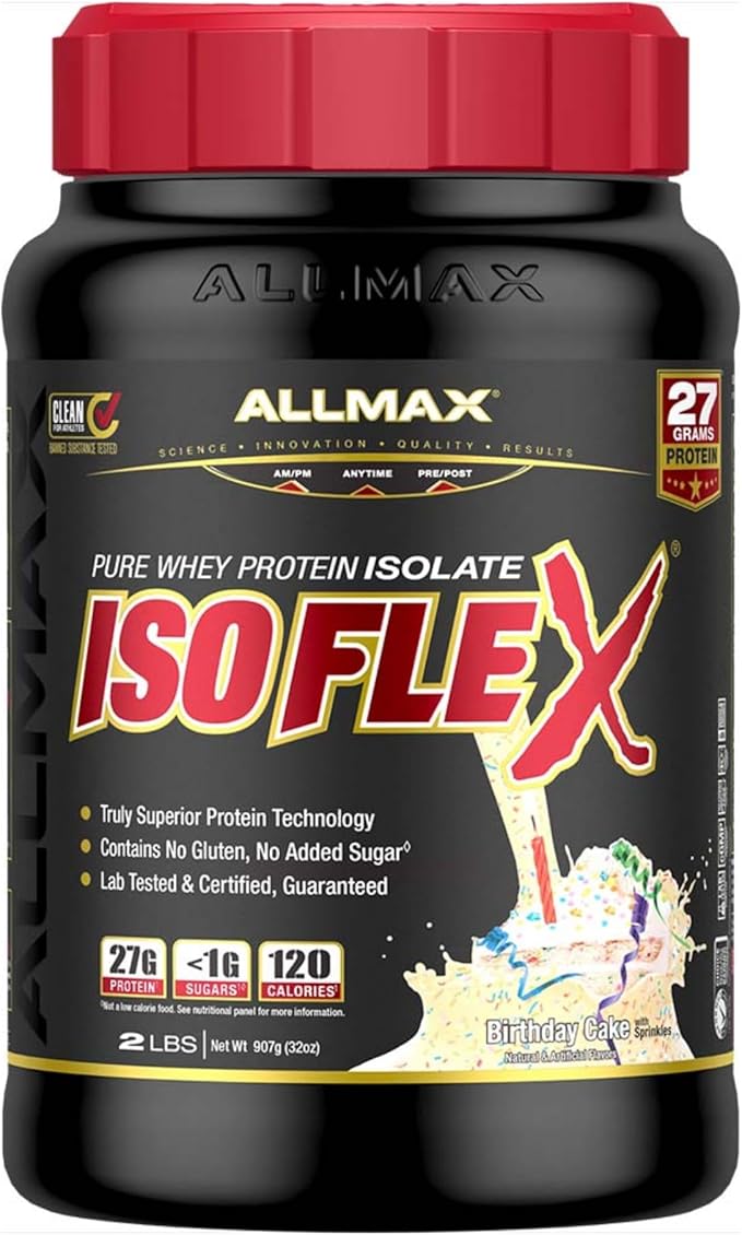 ALLMAX Nutrition - ISOFLEX Whey Protein Powder, Whey Protein Isolate, 27g Protein, Birthday Cake, 2 Pound