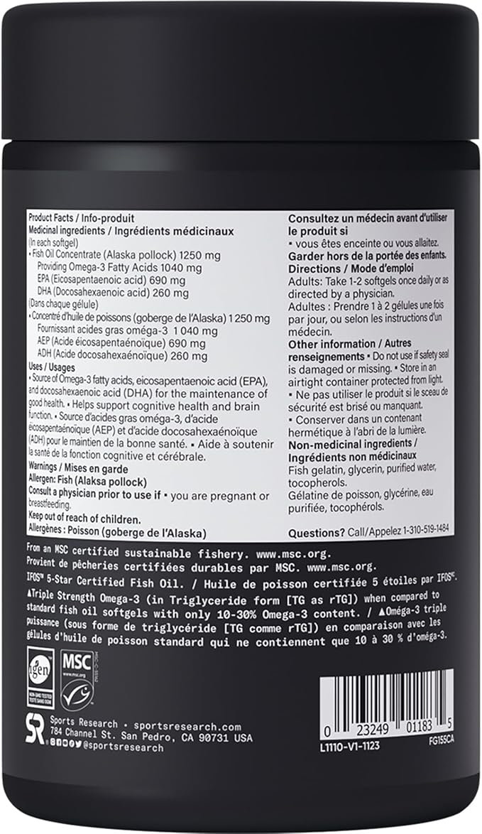 Sports Research Triple Strength Omega 3 1250 mg, 90 ct