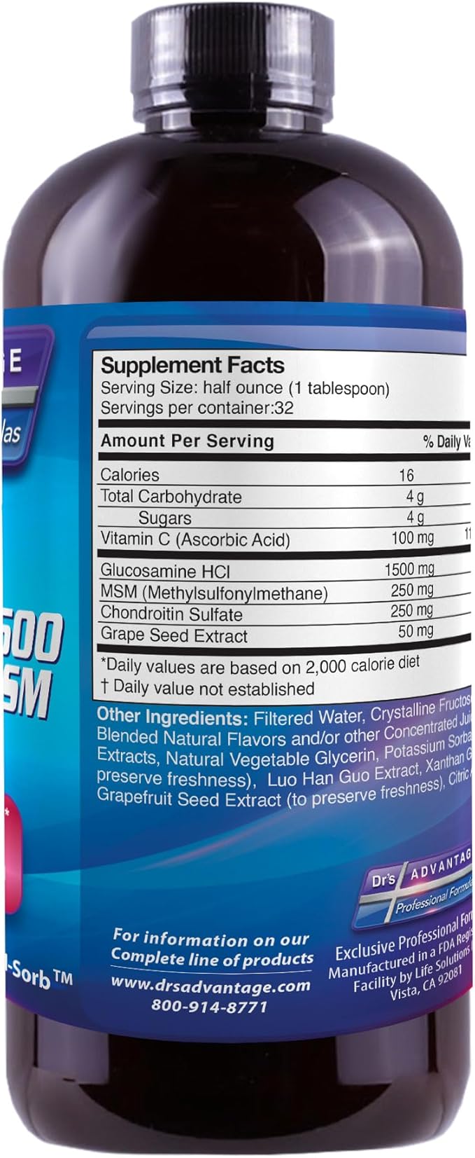 Dr's Advantage Liquid Glucosamine 1500- Chondroitin-MSM 16oz, Brown, DA867
