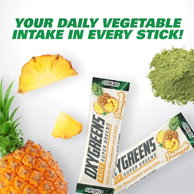 EHP Labs OxyGreens On The Go Greens Powder Stick Packs (15 Count) - Greens Packets - Spirulina & Chlorella Superfood, Sugar Free Green Juice Powder, Antioxidants & Immunity Support (Pineapple)