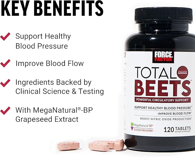 Force Factor Total Beets Blood Pressure Supplements, Nitric Oxide Supplement with Beet Root Powder, Nitrates, Grapeseed Extract for Circulation, Cardiovascular, Heart Health, 360 Tablets, 3 Pack