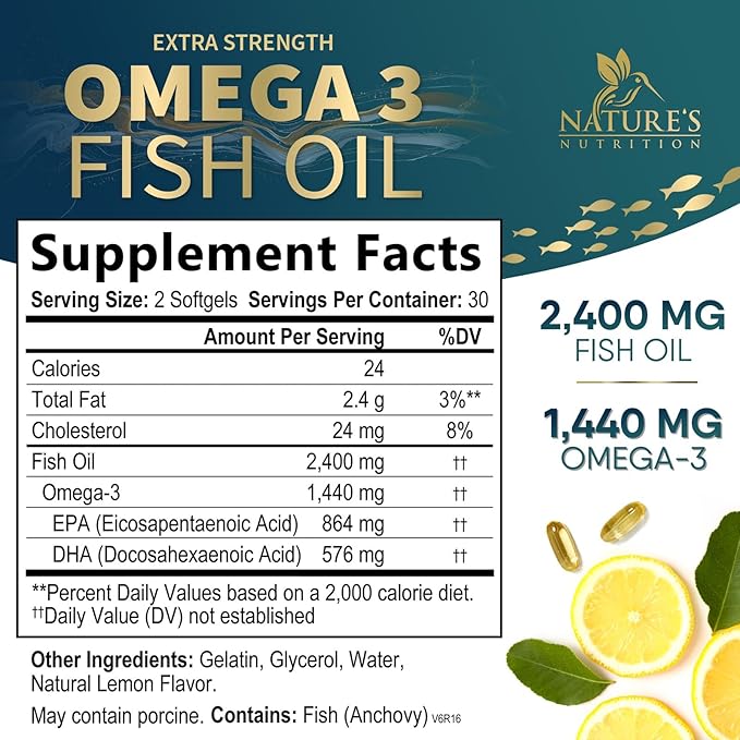 Triple Strength Omega 3 Fish Oil 2400 mg 1200 MG Omega-3 Supplement 60 Fish