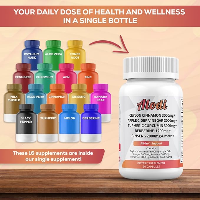 Ceylon Cinnamon 3000mg, Apple Cider Vinegar 3000mg, Turmeric 3000mg, Ginseng 2000mg, Berberine 1200mg - All-in-1 Supplement 60 Capsules