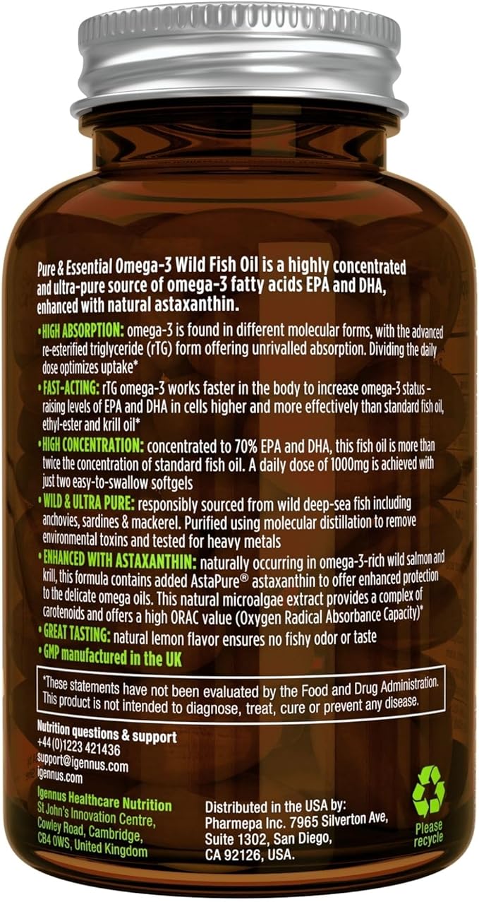 Super Concentrated rTG Omega 3 Wild 1000mg, Clean 2:1 Ratio, 1mg, Lemon 180 Softgels,