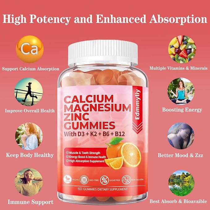 Sugar Free Calcium Magnesium Zinc Supplement D3 & B12 for (120 Counts)