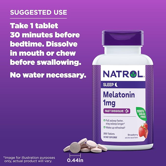 Natrol Melatonin 1mg, Strawberry-Flavored Dietary Supplement 200 Fast-Dissolve 200 Day