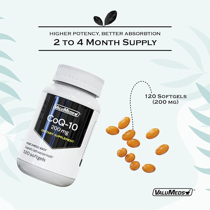 ValuMeds CoQ-10 Non-GMO Coenzyme Q10 Supplement, 120 Softgels (120 Count 1), 200 200 mg)