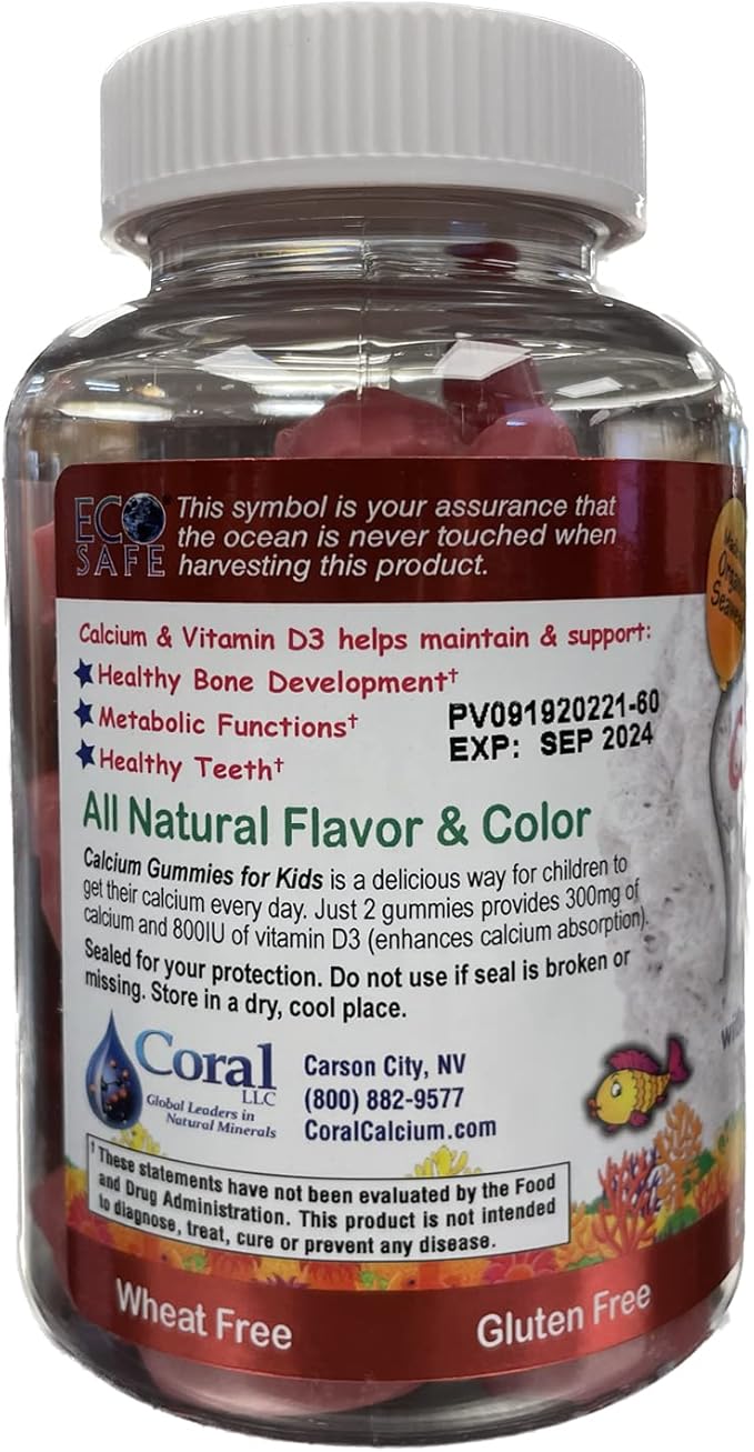 Coral Calcium Vitamin D3 Kids Gummy, Natural Cherry Flavor, Non GMO, Gluten-Free, Dairy-Free, Soy-Free and Gelatin Free - 300 mg of Calcium, and 800 IU of Vitamin D3-60 Gummies (2 Pack)