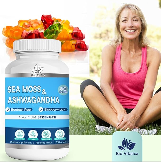 Sea Moss Ashwagandha Gummies - Organic Irish Seamoss & Ashwagandha Root Supplements for Supporting Energy & Immunity for Men & Women, 60 Vegan Gummies