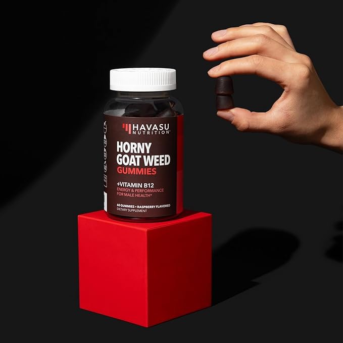 Horny Goat Weed Gummies with Vitamin B12 - Energy, Endurance & Performance Support for Men and Women - Enhanced with B12 Vitamins for Mood & Male Health Support - 60 Raspberry Vegan Gummies