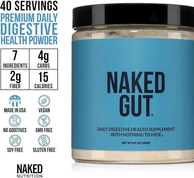 Naked Gut - Daily Gut Health Supplement - Natural Gut Health Powder for Gut Cleanse, Digestive Support, GMO-Free, Soy-Free, Gluten-Free, Vegan and Hypoallergenic, 40 Servings