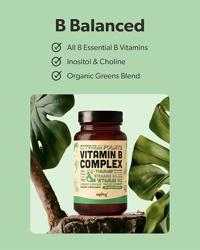 sapling Vegan Vitamin B Complex B1, B2, B2, B3, B3, B5, B5, B6, B6, B7, B7, Folate, B12-60 Caps