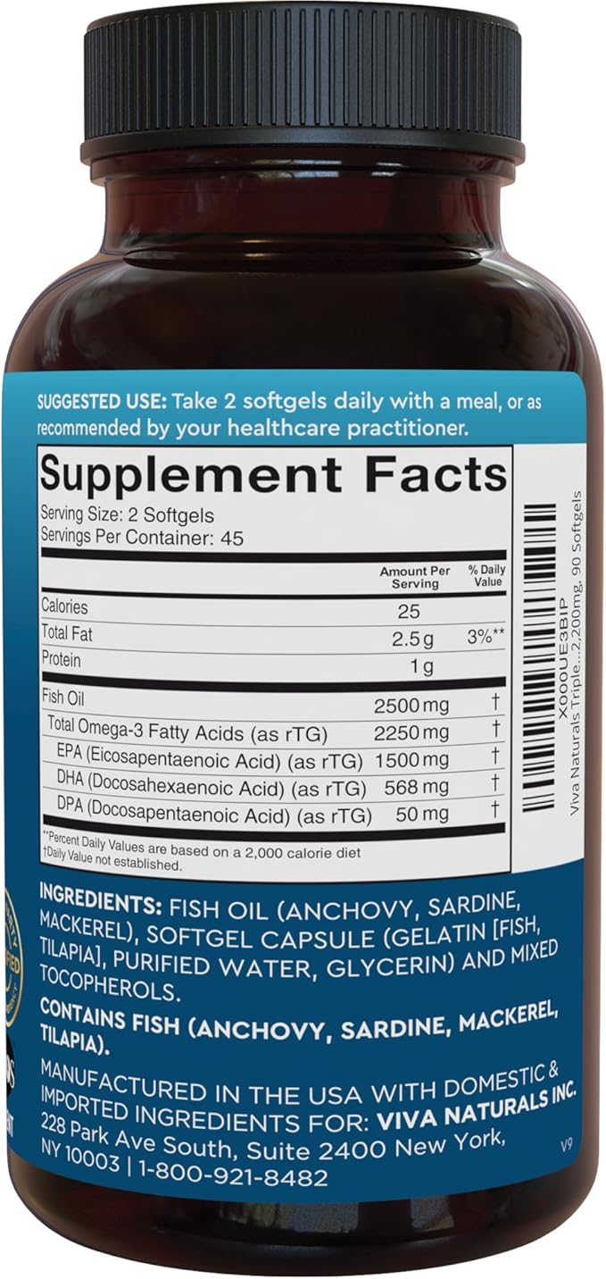 Viva Naturals Triple Strength Fish Oil 3 Supplement 2500 mg 3 Fatty 90 Pescatarian-Friendly