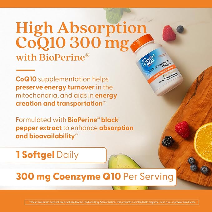 Doctor's Best High Absorption CoQ10 with BioPerine, Heart Health & Energy Production, Naturally Fermented, Vegetarian, Gluten Free, 300 mg, 90 Veggie Softgels