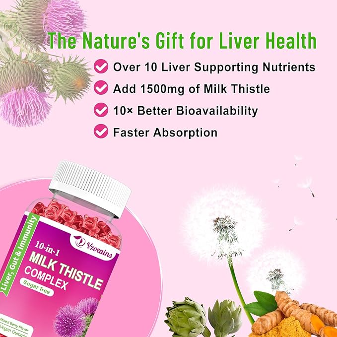 1500mg Milk Thistle Gummies, 10-in-1 Herbal