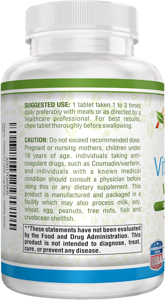 Athena - Vitamin D3 2000IU with K2 (MK7) - 90 Chewable Tablets - Supports Immune System - Muscle Energy - Strong Bones - Healthy Dental