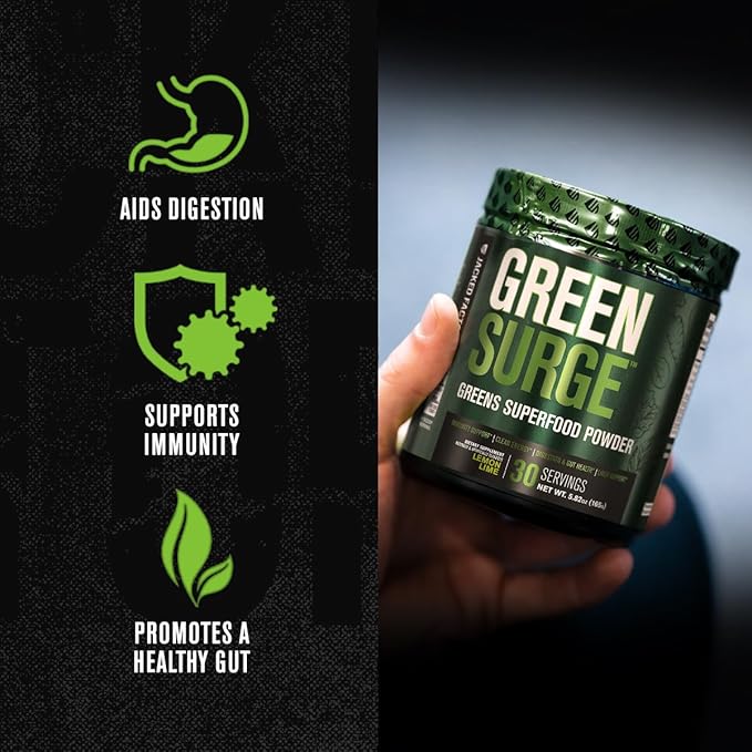 Jacked Factory Green Surge Green Superfood Powder- Keto Friendly Greens Drink w/Spirulina, Wheat & Barley Grass, Organic Greens - Green Tea Extract, Probiotics & Digestive Enzymes - Sour Apple - 30sv