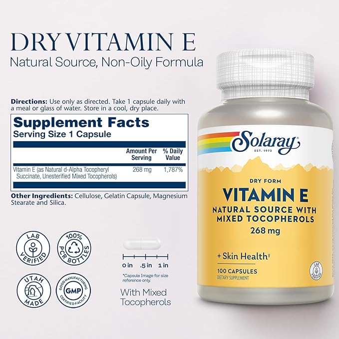 SOLARAY Vitamin E 400 IU (268mg), 60-Day Guarantee, 100 Serv, 100 Capsules