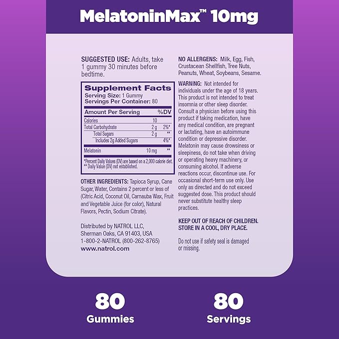 Natrol MelatoninMax Sleep Aid Gummy, 10mg 10mg, 80 80 Blueberry