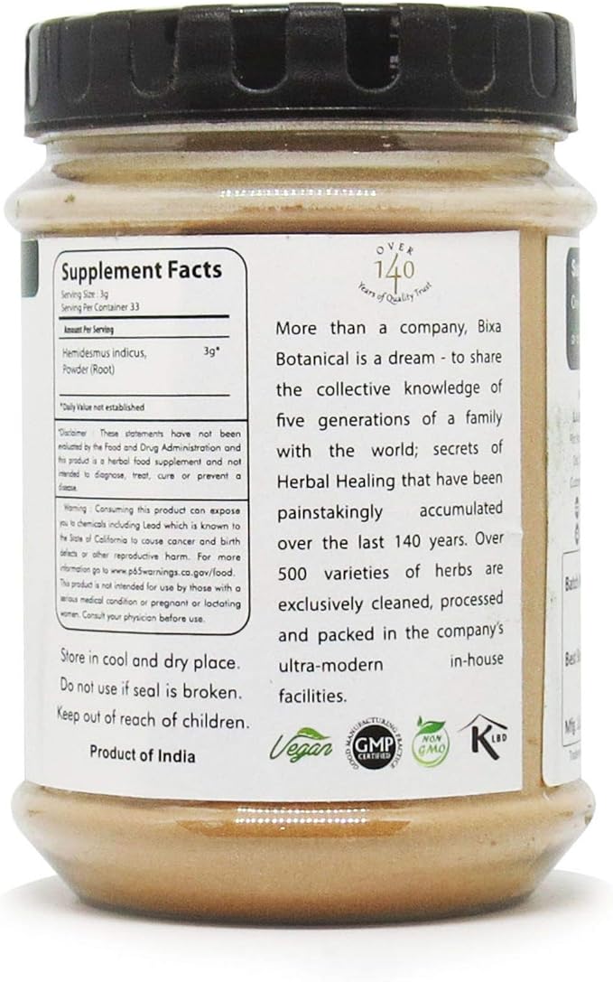bixa BOTANICAL Sarsaparilla Root Powder (HEMIDESMUS INDICUS) 100g(3.5 Oz) 1| Natural