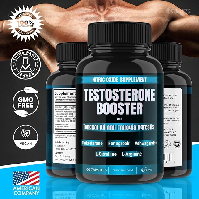 Dr. Emy's (2 Pack Testosterone Booster-Tongkat Ali Fadogia Agrestis Nitric Oxide Ashwagandha Supplement for Men with L Arginine Citrulline Fenugreek - Turkesterone Pre Workout Pump (120 Capsules)