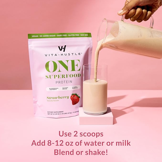 VitaHustle ONE - Superfood Meal Replacement Powder, Plant Based Protein Shake Powder, Vegan. 86 Superfoods, Vitamins, & Minerals, Ashwagandha, Adaptogens. Founded by Kevin Hart. (Strawberry 2-Pack)