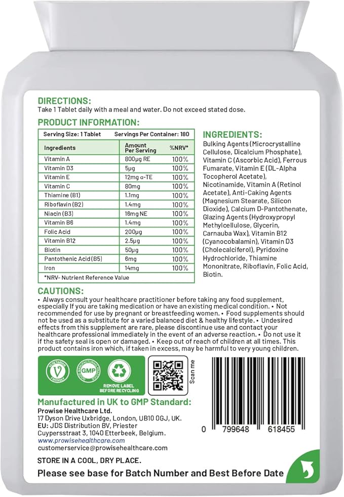 Multivitamin & Iron 180 Tablets (6 Months Dose) Immune Support - One A Day Multi-Vitamin Supplement โ UK Manufactured | GMP Standards by Prowise Healthcare - Suitable for Vegetarians