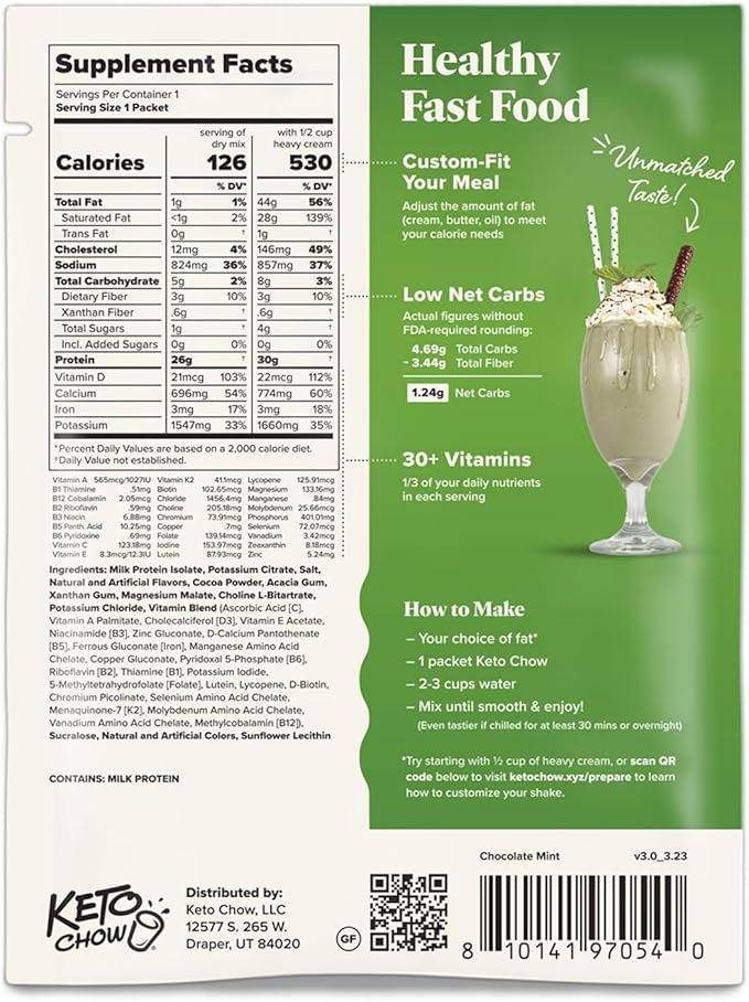 Keto Chow Chocolate Mint | Keto Meal Replacement Shake | Nutritionally Complete | Low Carb | Delicious Easy Meal Substitute | You Choose The Fat | 21 Meal Bulk Pack