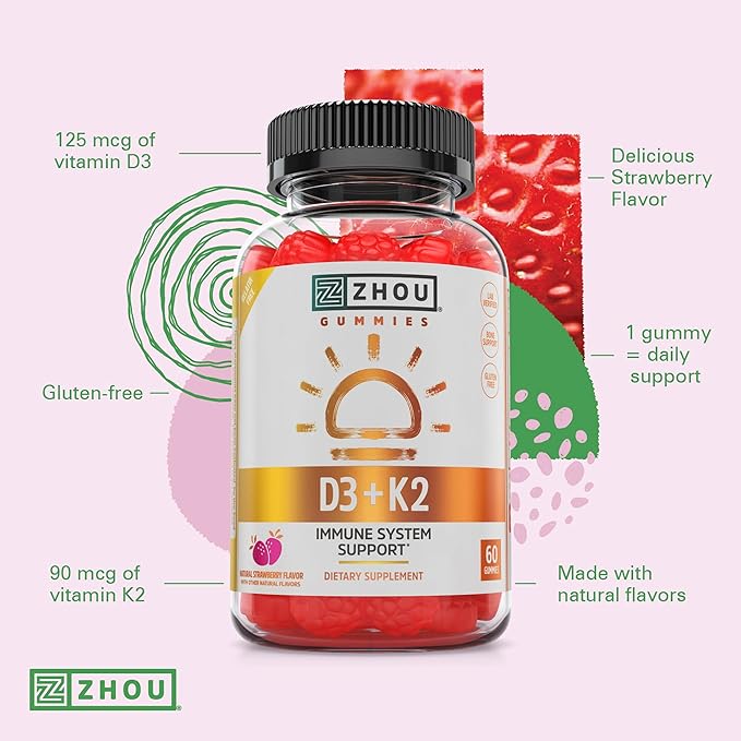 Zhou D3+K2 - Vitamin D3 K2 Supplement for Women & Men, Immune Support Vit D3 and K2 Gummy, Gelatin Free Formula with 5000 IU of D3 and MK-7 - 60 Veggie Gummies (Pack of 1)
