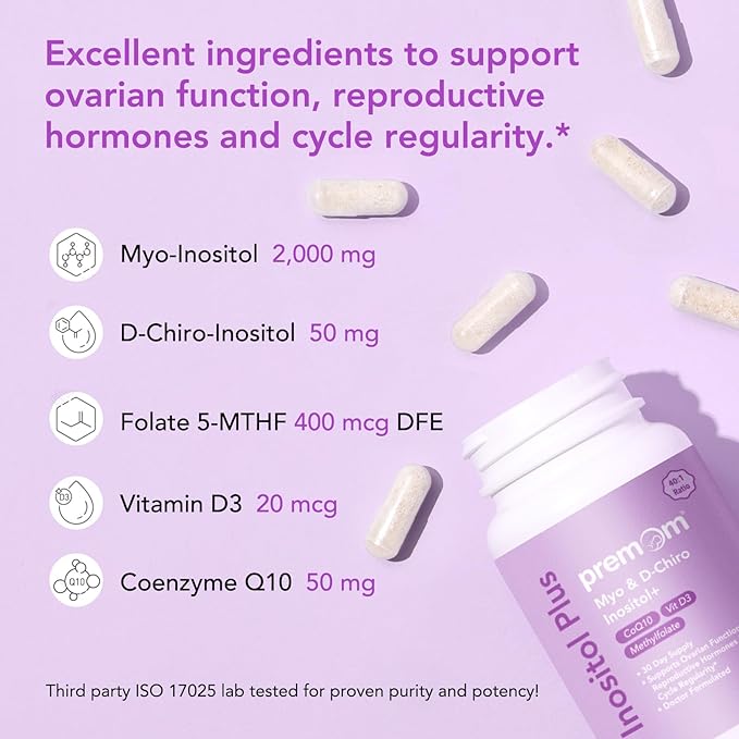 Premom Inositol Plus - 2000mg Myo-Inositol & 50mg D-Chiro Inositol, CoQ10, Folate & Vitamin D3-40:1 Ratio - Supports Hormonal Balance, Ovarian & Reproductive Health - 30 Day Supply
