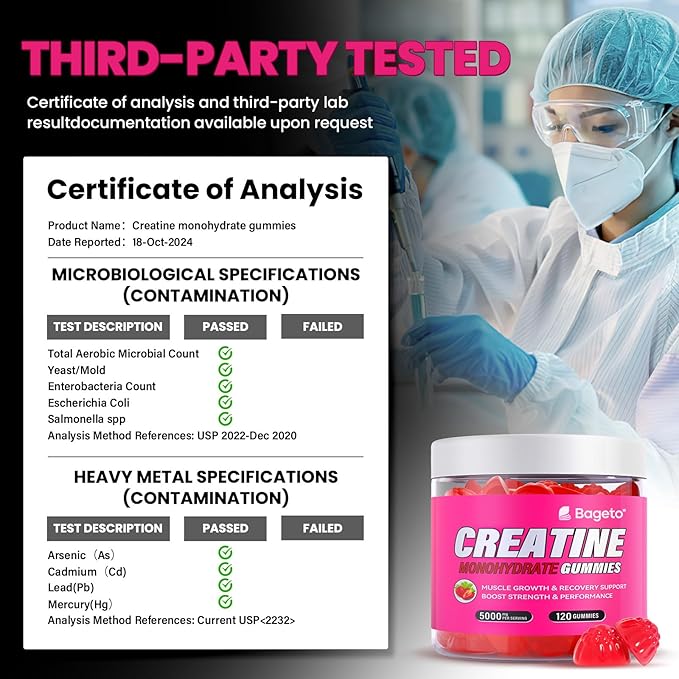 Creatine Monohydrate Gummies 5000mg for Men & Women, Gomitas de Creatina 5g Creatine Monohydrate, 0g Sugar Chewables Creatine Pre-Work Out for Muscle Strength, Vegan,120 Count (120 Count, Strawberry)
