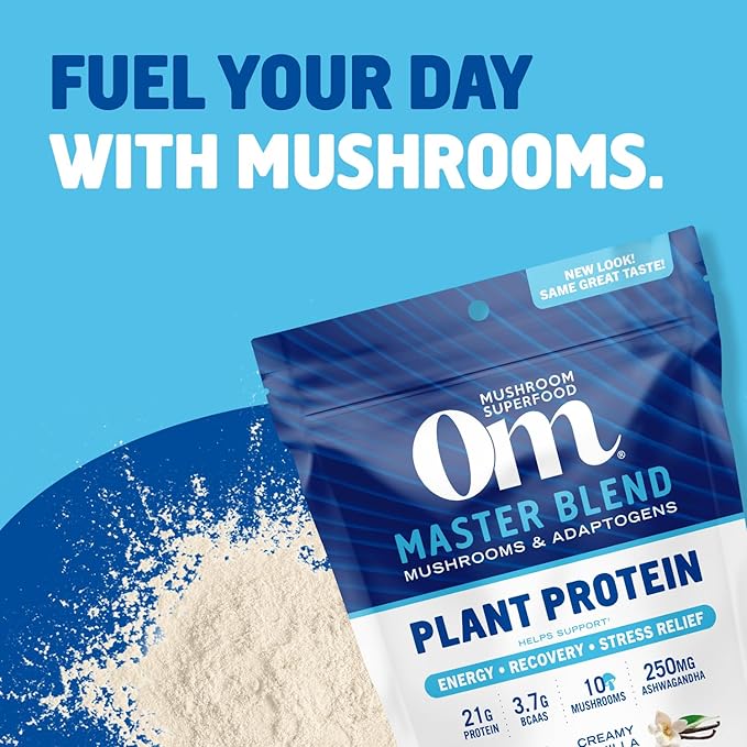 OM MUSHROOM SUPERFOOD Master Blend Plant-Based Protein Powder, 18.27 Ounce, 16 Servings, Creamy Vanilla Protein with 10 Mushroom Complex, Lions Mane, Adaptogens for Optimal Health and Recovery
