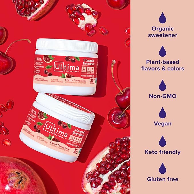 Ultima Replenisher Daily Electrolyte Powder Drink Mix – Cherry Pomegranate, 30 Servings – Hydration Powder with 6 Electrolytes and Trace Minerals – Keto Friendly, Vegan, Non-GMO and Sugar-Free