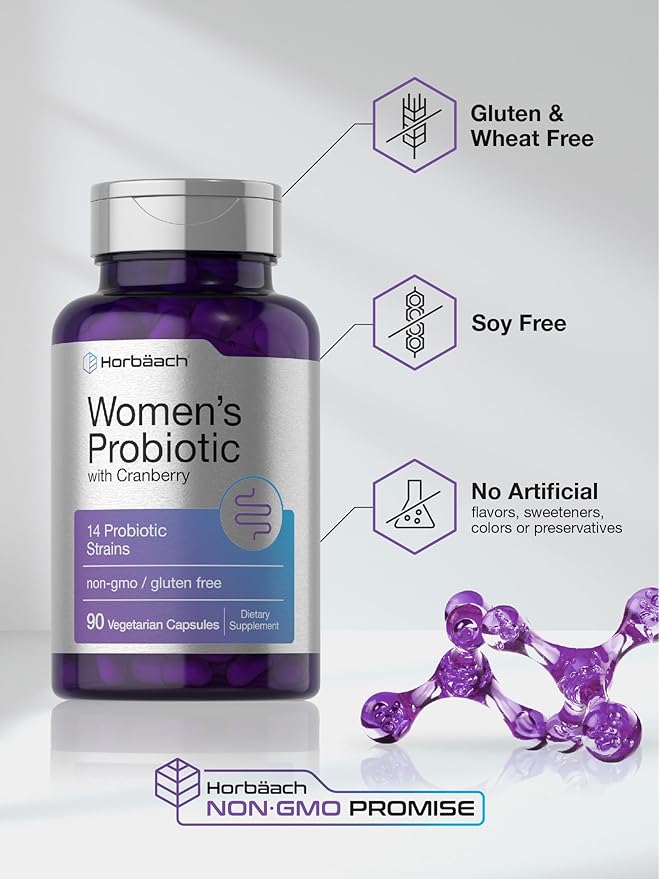 Horbaach Probiotic for Women with Cranberry | 90 Capsules | 14 Probiotic Strains | Non-GMO, Gluten Free Supplement