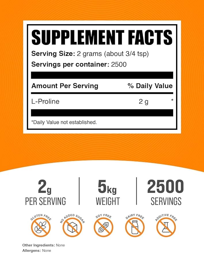 BulkSupplements.com L-Proline Powder - Amino Acid Supplement, Proline Supplements - Unflavored & Gluten Free, 2000mg per Serving, 2500 Servings, 5kg (11 lbs) (Pack of 5)