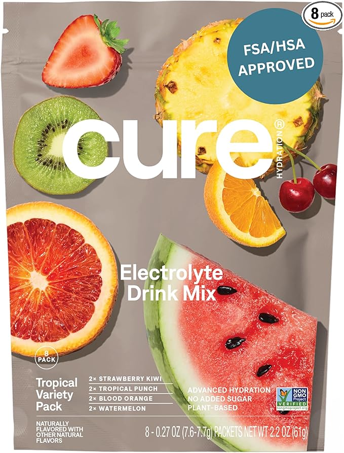Cure Hydration | Plant-Based Electrolyte Drink Mix | No Added Sugar | Non-GMO | Vegan | 8 Servings - Tropical Variety Pack