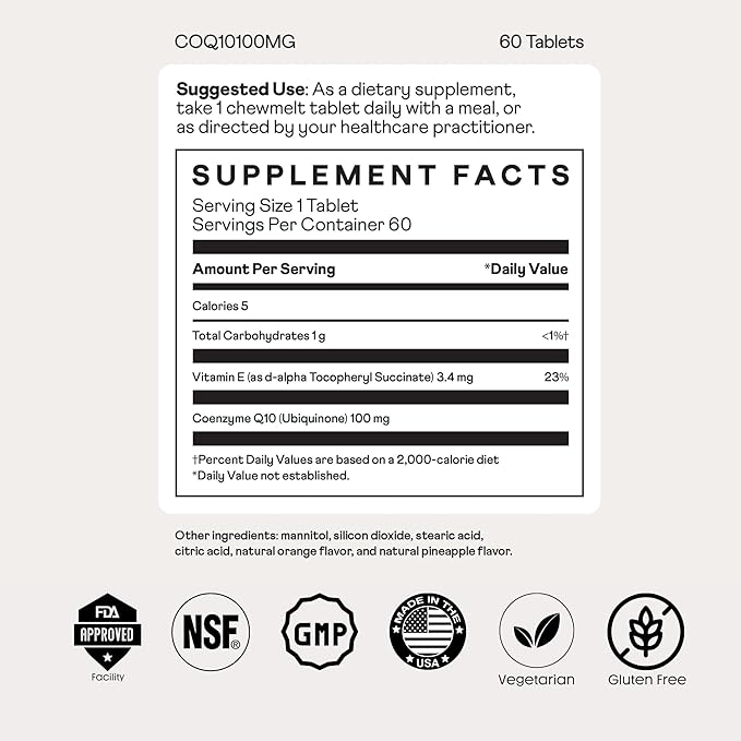 COQ10 100mg and Vitamin E Chewable Tablets 60 Count,