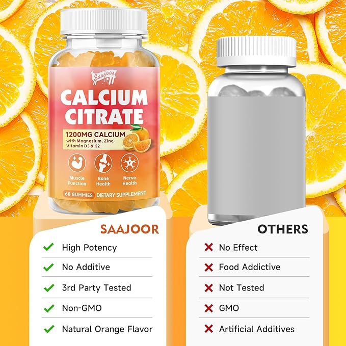 Calcium Citrate Gummies 1200 mg with Vitamin D3, K2, Magnesium, Zinc, Bone Support for Bones, Muscles & Joints,Immunity & Memory Support, 120 Count