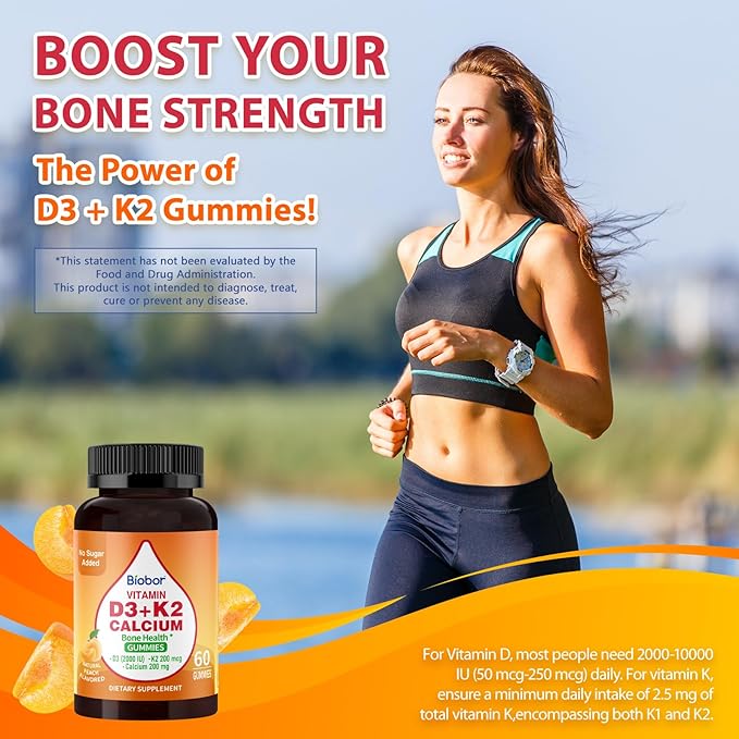 Vitamin D3 K2 Gummies with Calcium, Sugar Free Vitamins Gummies, 2000 IU D3 & 200 mcg K2 & 200 mg Calcium, Supports Healthy Bone, Immune Health Supplement, Gluten Free, GMO Free