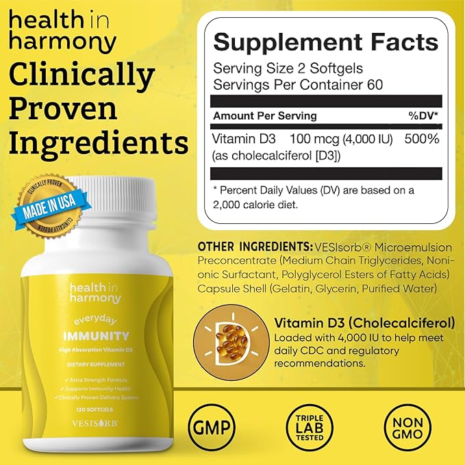 Everyday Immunity 4000 iu Vitamin D3 Supplement - Fast Acting Immune Support Supplement for Bone/Cellular Health - Non GMO, Dietary Supplements - Utilizes VesisorbĀ® (60 softgels)