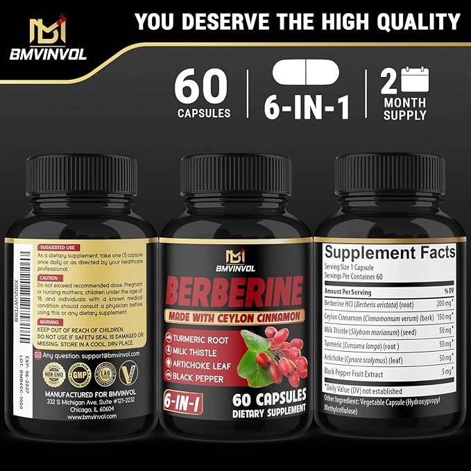 Berberine with Ceylon Cinnamon, Turmeric, Milk Thistle, Artichoke, Black Pepper - 60 Count - Pack of 1