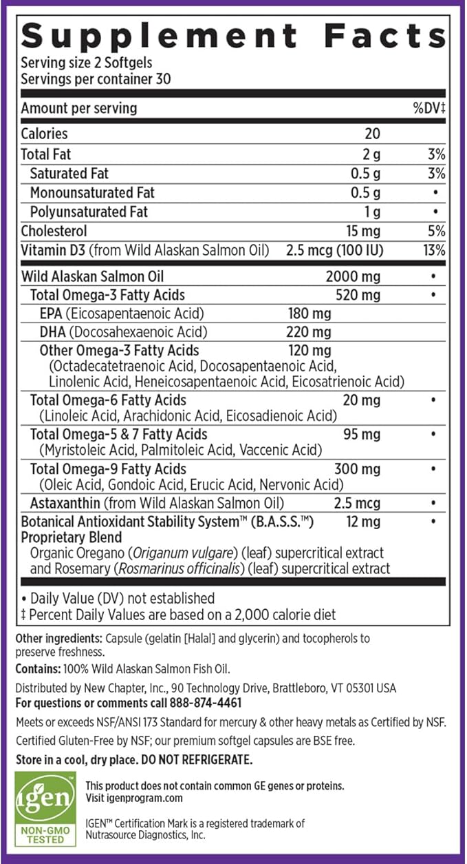New Chapter Wholemega Fish Oil Supplement Omega-3 + D3 + 60 ct, 1000mg Softgels